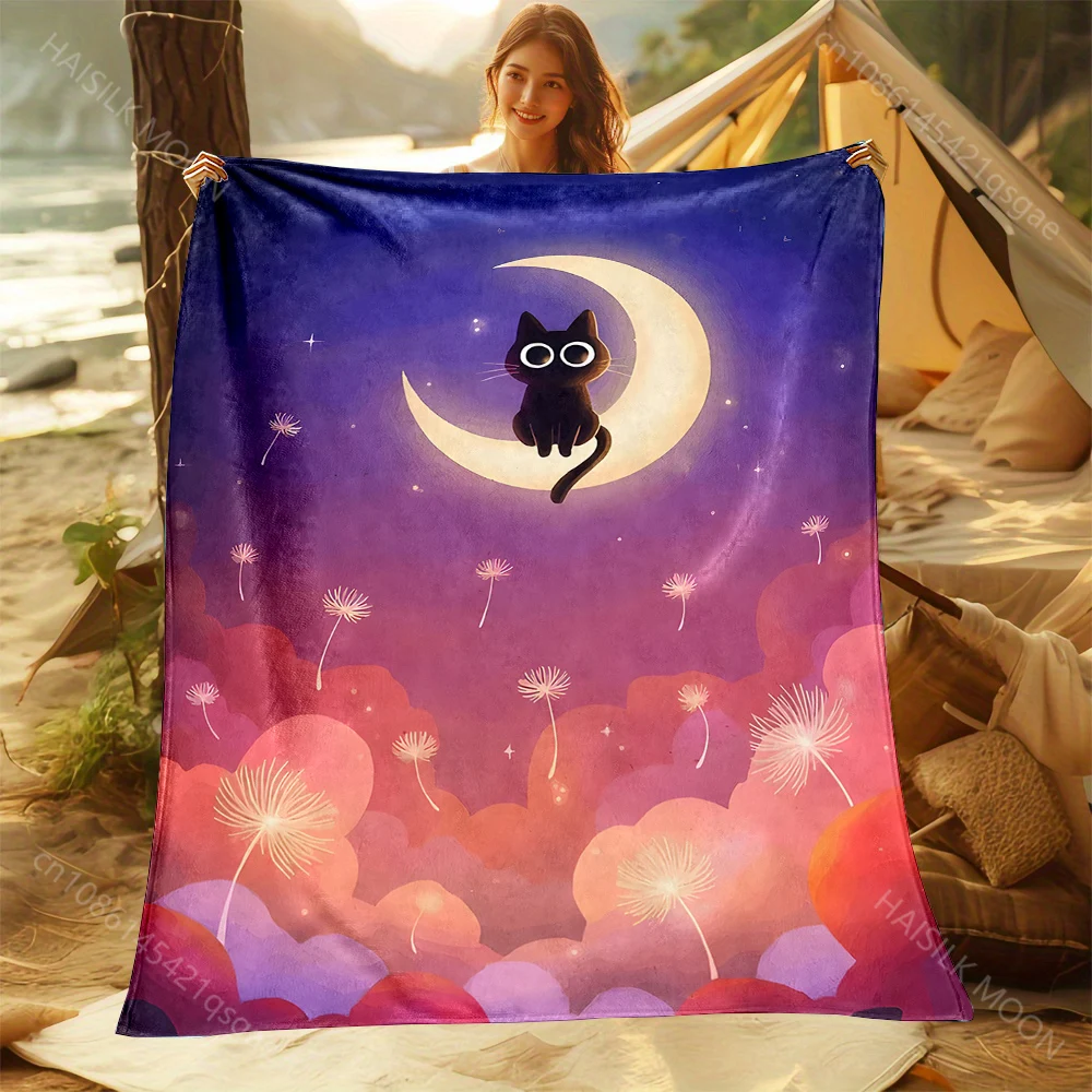 1PC Black cat on moon Print Adult Children Warm Blankets Home Travel Car Soft and Comfortable Suitable for all seasons