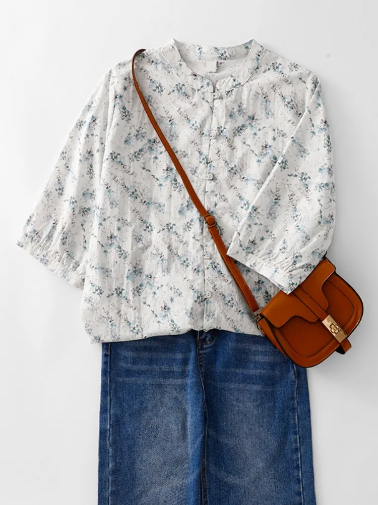 بلوزة نسائية صيفية فضفاضة بياقة عالية مطبوعة بالزهور من القطن الخالص بتصميم فني للمقاسات الكبيرة والمقاسات الخاصة
