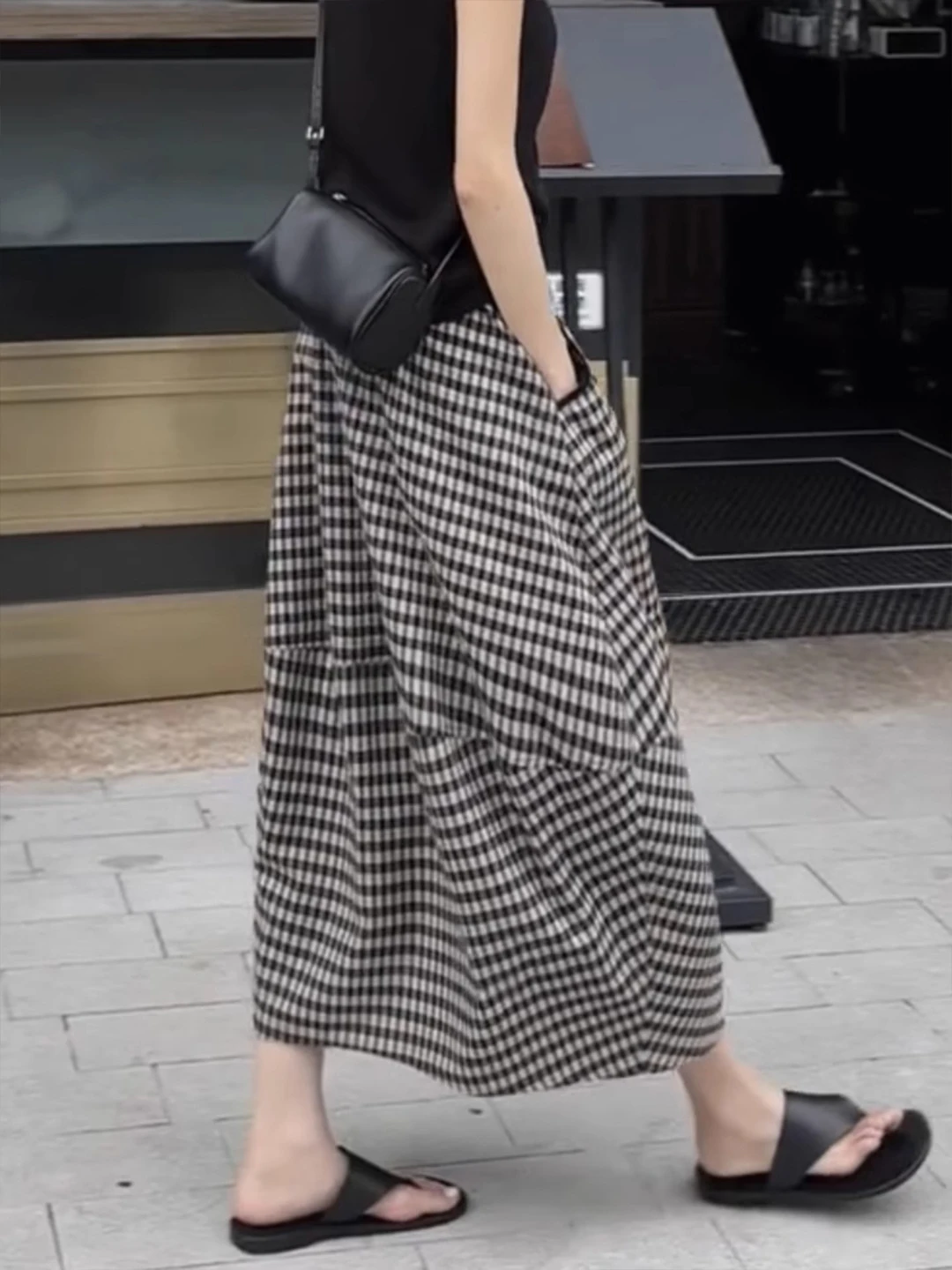 

Retro Plaid Cotton Linen Bloomer f Skirt Women Summer Loose High Waist Slimming Asymmetrical Splicing on Long Skirt