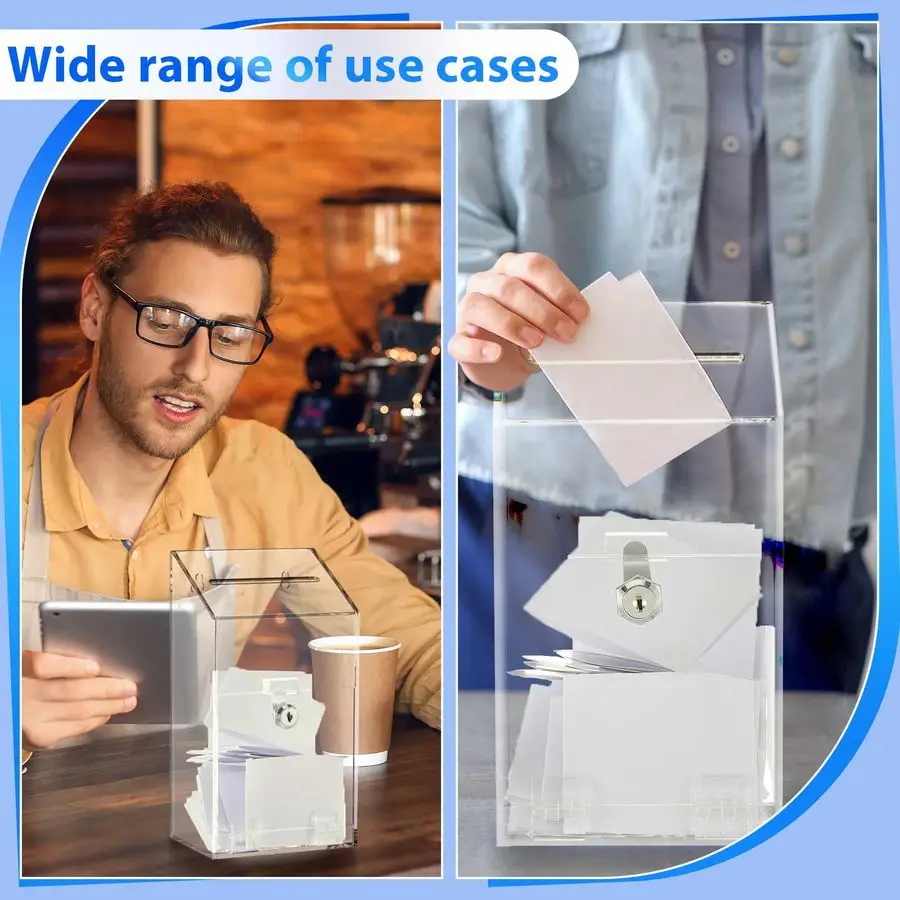 Scatola per donazioni in acrilico da 4 pezzi 10,2 x 5,6 x 4 Scatola per suggerimenti con serratura e slot per montaggio a parete Chiave per chiavistello Trasparente Raccolta dei fondi per Hom