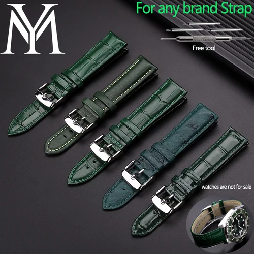 Correa de reloj Dermis verde a la moda de 16, 18, 20 y 22mm para cualquier marca, correa de reloj con cierre de mariposa de cuero vacuno suave para hombre y mujer con herramientas