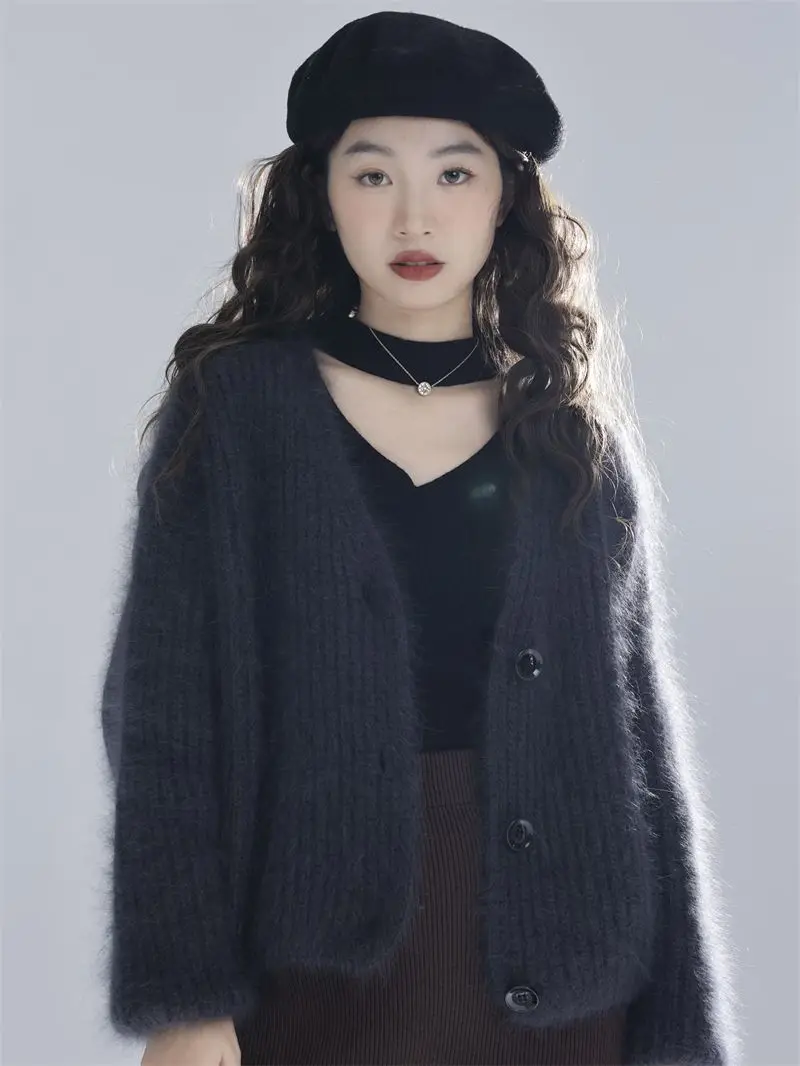 

Autumn Winter New Lazy Fluffy Soft Knitted Cardigan Crop Top Long Sleeve Sweater Knit Coats Outerwear V-Neck Trend Sweater