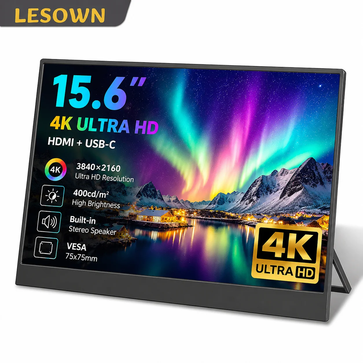 LESOWN 15.6 Inch Portable Monitor 4K UHD LCD External Display Driver-free Slim Screen for Laptop