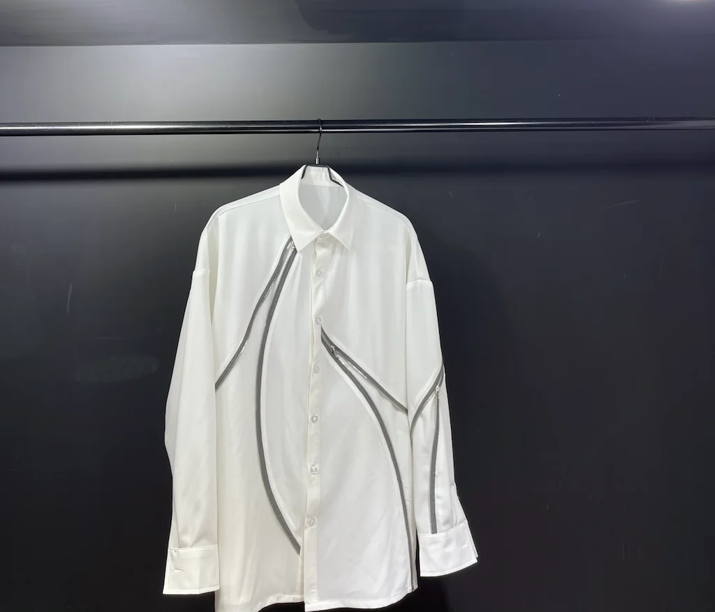 Original design of white long-sleeve shirt zipper decoration stitching with youth men's fashion