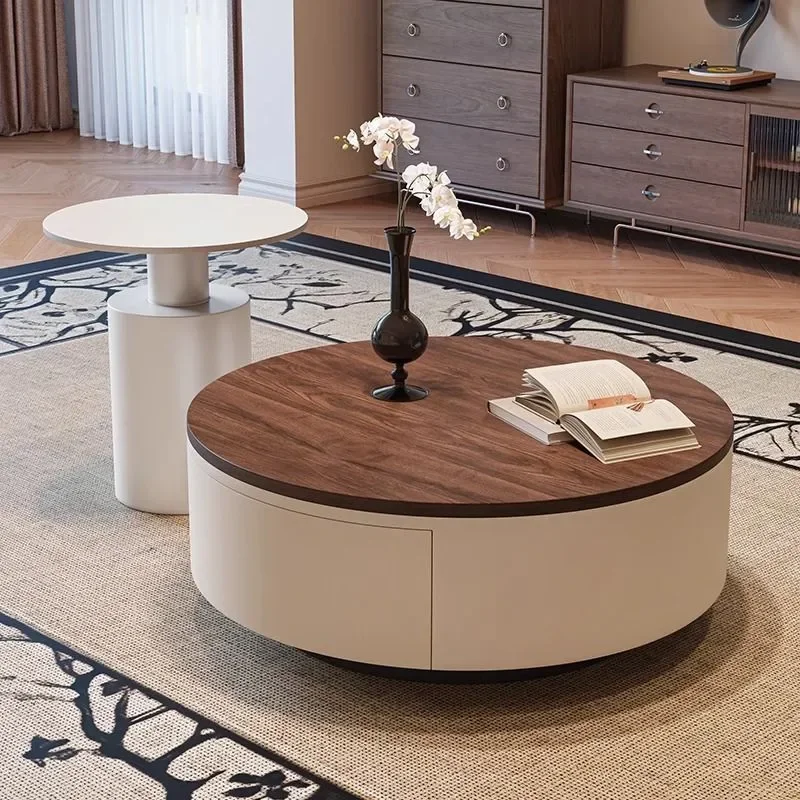 Light Luxury Walnut Pattern Coffee Table High End Solid Wood Round Minimalist Tea Table Set for Living Room Home Decor
