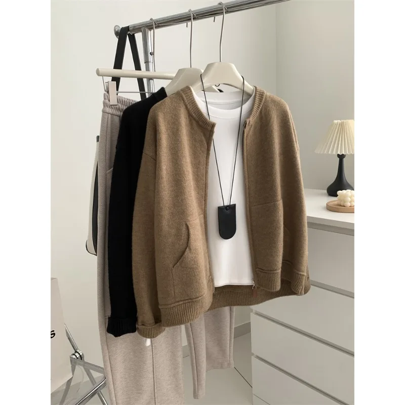 

Autumn Winter Solid Women Zipper Sweater Temperament Commuting Versatile Round Neck Knitted Cardigan Women Sweater