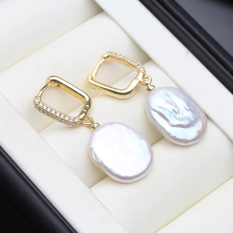 Genuine Original Freshwater Large Baroque Pearl Earrings For Women,Gold Plated Pearl Hoop Drop Earring Wife Mother Gift White
