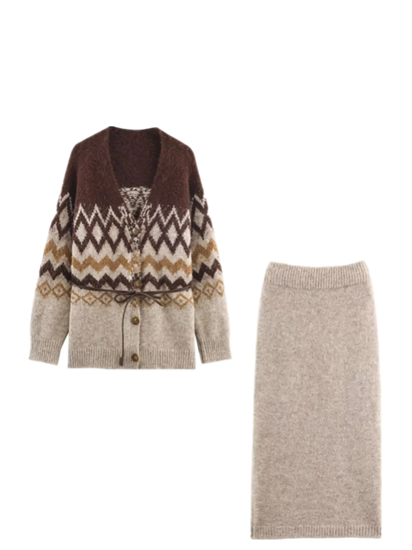 레트로 니트 세트 벨트 미디 스커트 컬러 페이딩 효과 V넥 오픈 가디건 따뜻한 캐주얼 겨울 패션 여성용 세트