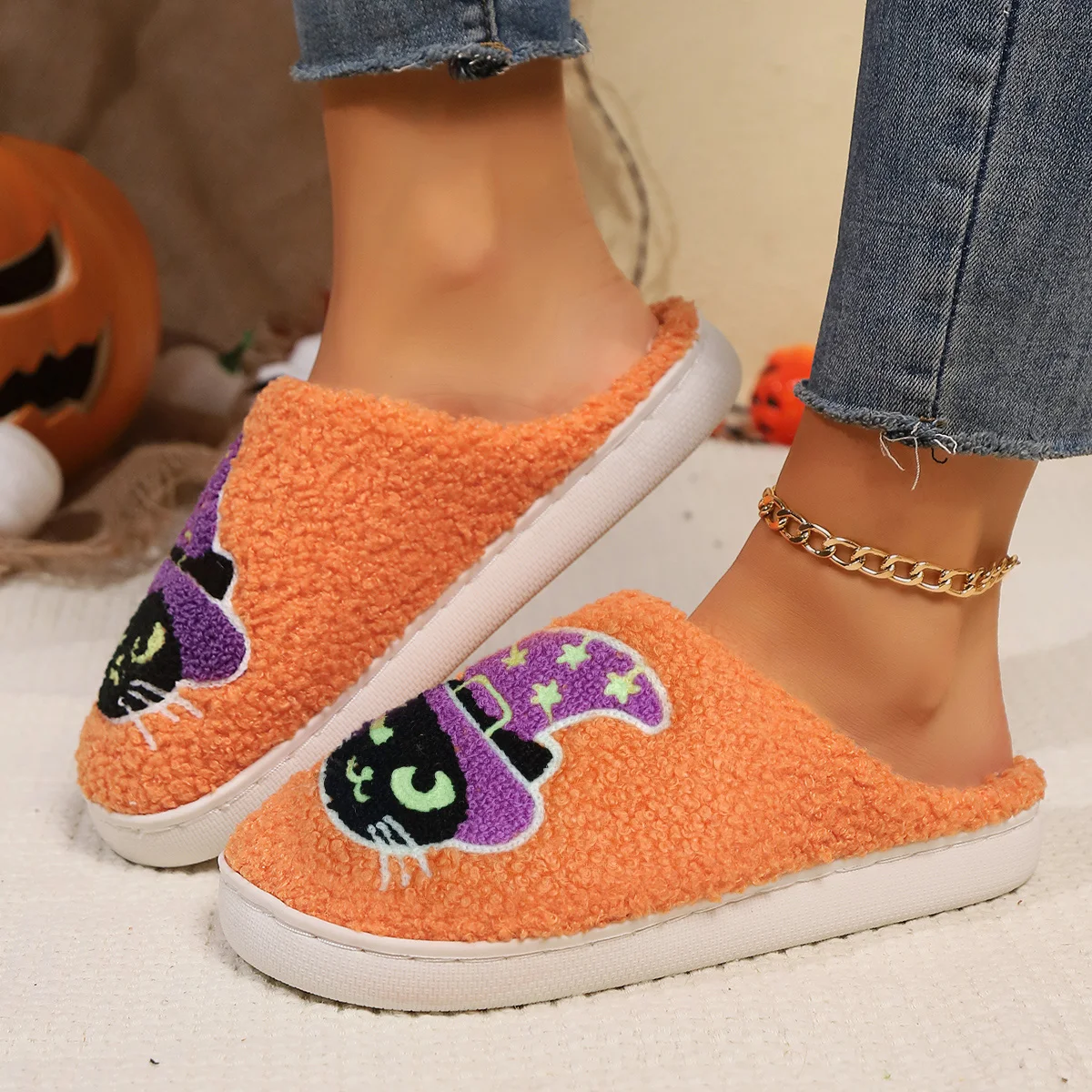 Ladies' Slippers Halloween Winter Orange Cat Indoor Home Plush Warm Slippers