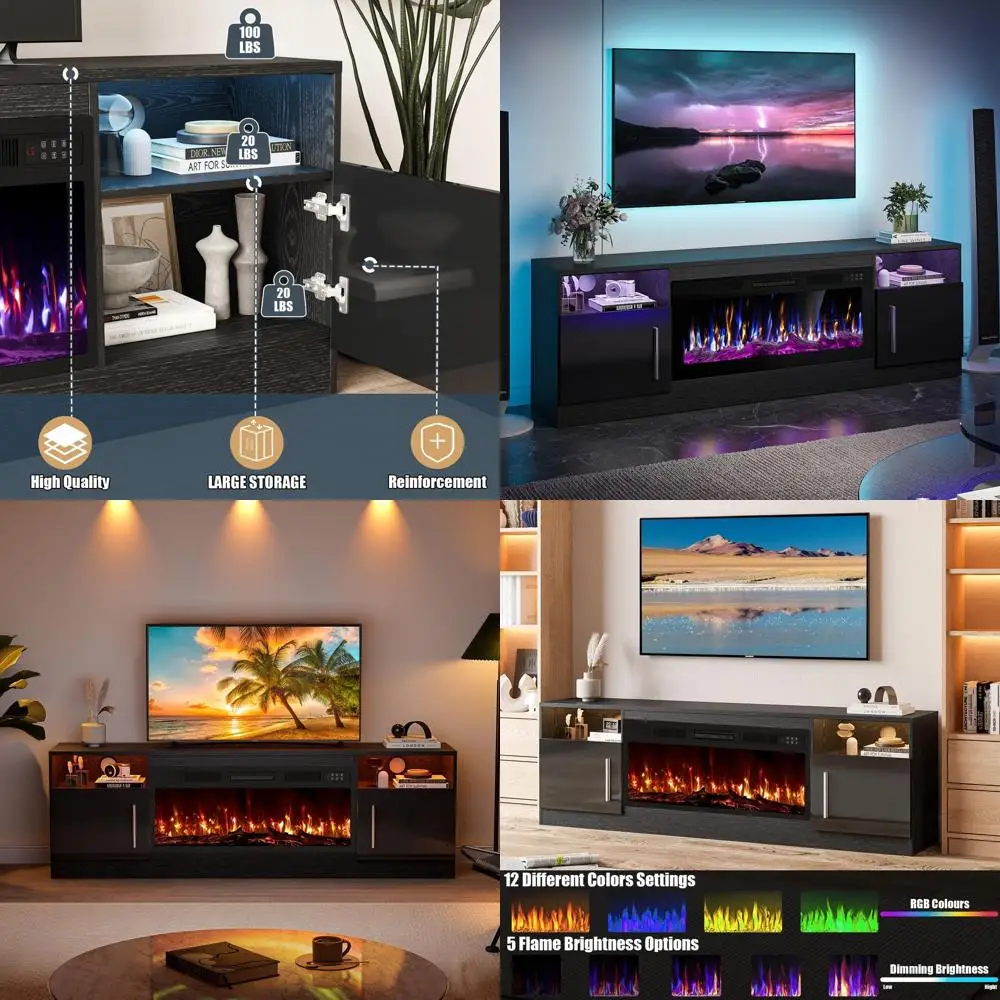 

36 Electric Fireplace TV Stand for 70-80 TVs, LED Light, Black High Gloss Entertainment Center with Storage