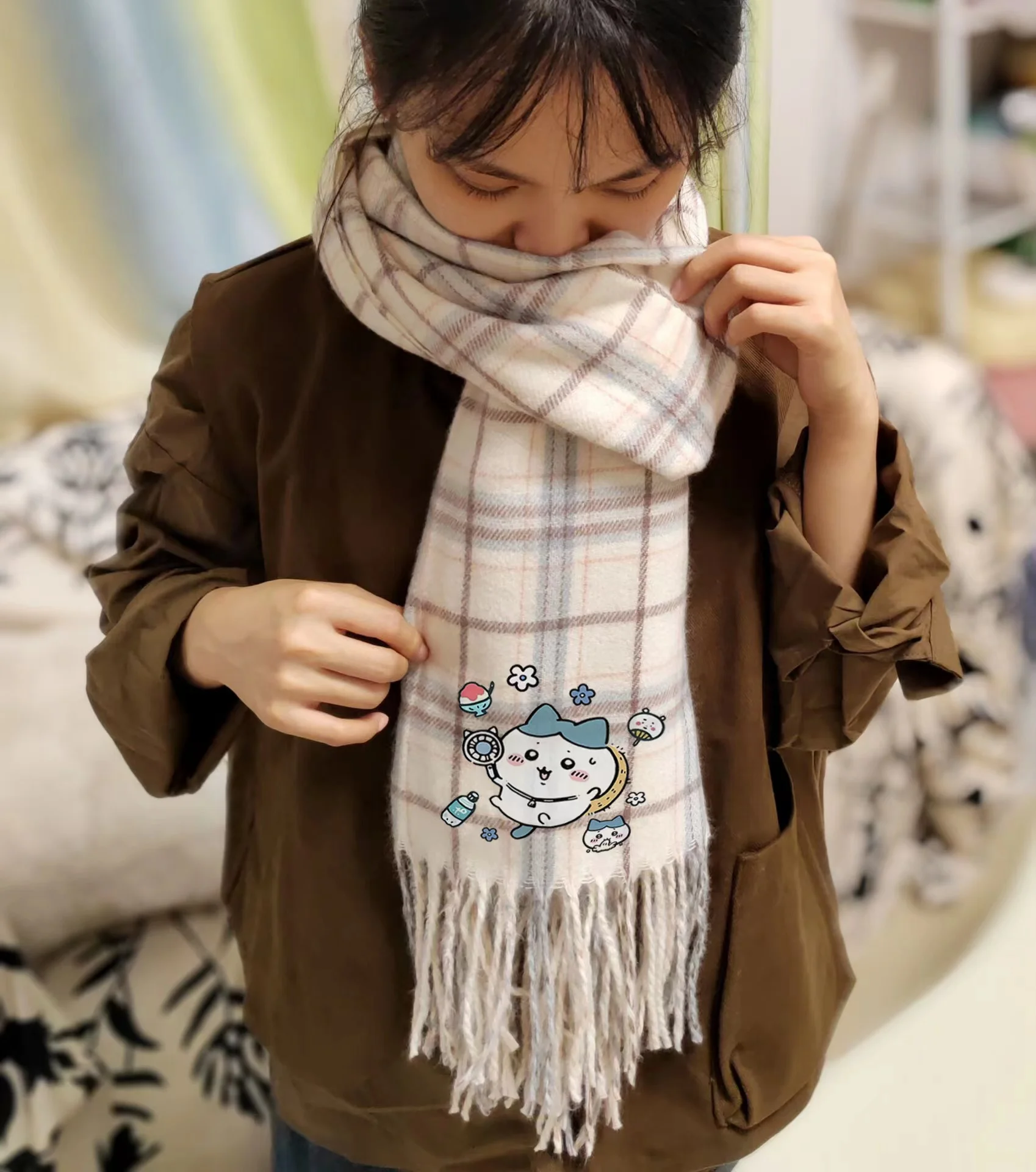 Chiikawa Cartoon Cute Hachiware Scarf for Men and Women Autumn and Winter Momoka Shawl Warm Scarf Girl Gift