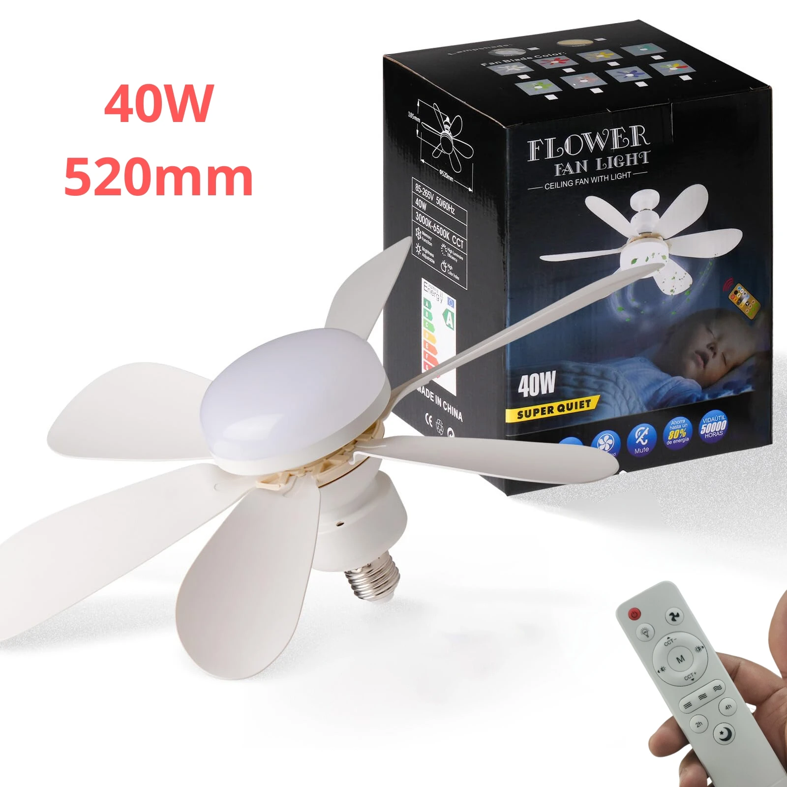 Ventilador de techo con enchufe con luz, ventiladores de techo con tornillo de 20,5 pulgadas con luces, miniventiladores de techo LED para dormitorio/garaje/cocina (blanco)