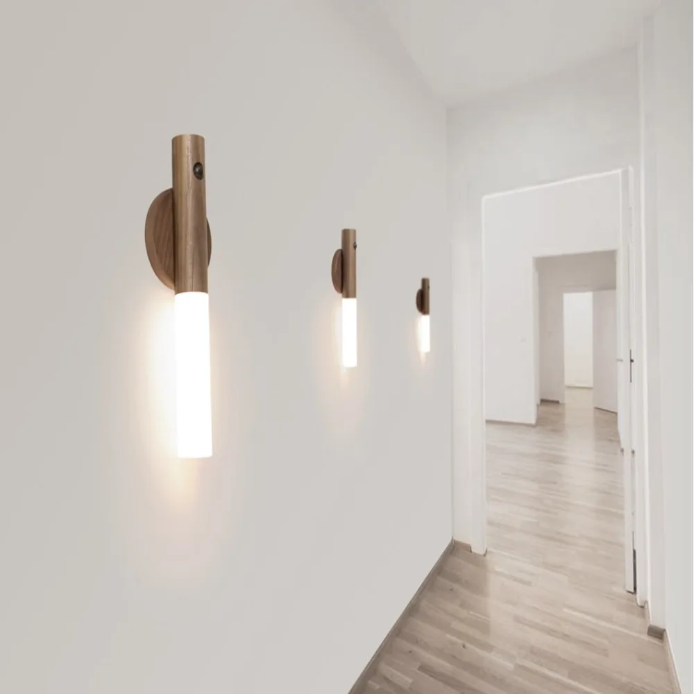 Rechargeable LED Motion Sensor Light Magnetic USB Handheld Move Night Light Imitation Wood Grain Corridor Induction Wall Lamp