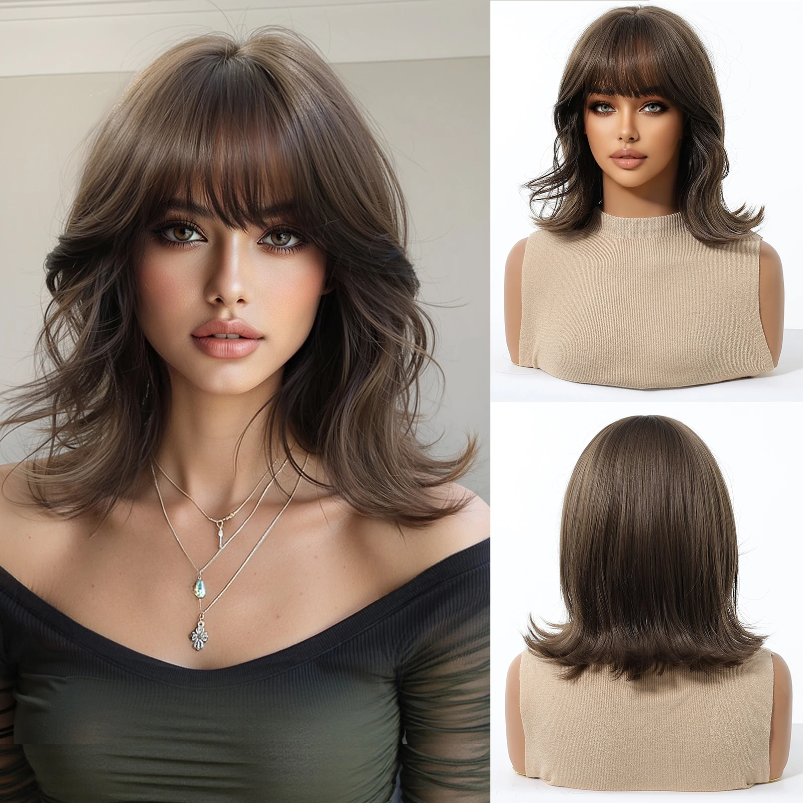 

Short Bob Brown Wavy Synthetic Wig with Bangs Lolita Cosplay Brown Hair for Women Heat Resistant Daily Party Wig Chestnut