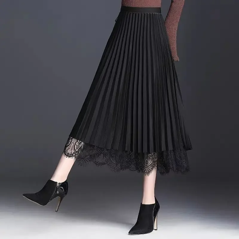 

Autumn and Winter Lace Skirt Women's Slim-Fit Mid-Length Pleated Skirt Large Size Woman Skirts Mujer Faldas Saias Mulher