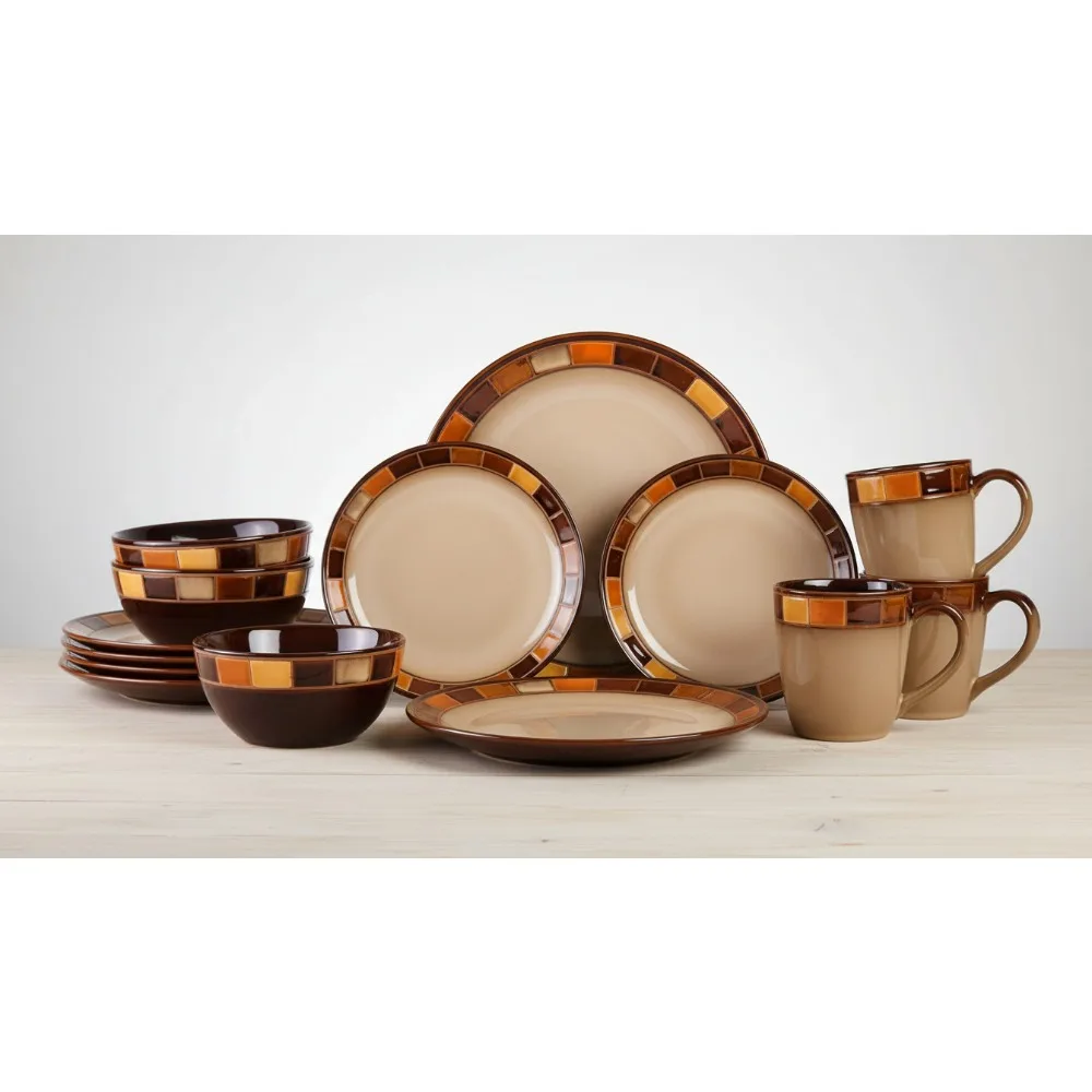 

16-Piece Stoneware Dinnerware Set for 4, Beige & Brown Plates Bowls, Elegant Spanish Design