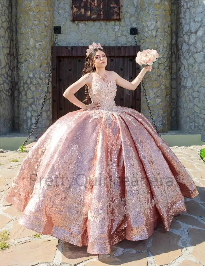 Glittering Full Sequin 3D Floral Appliques Quinceanera Dresses Sweetheart Floor Length Ball Gown without Train Made to Measure