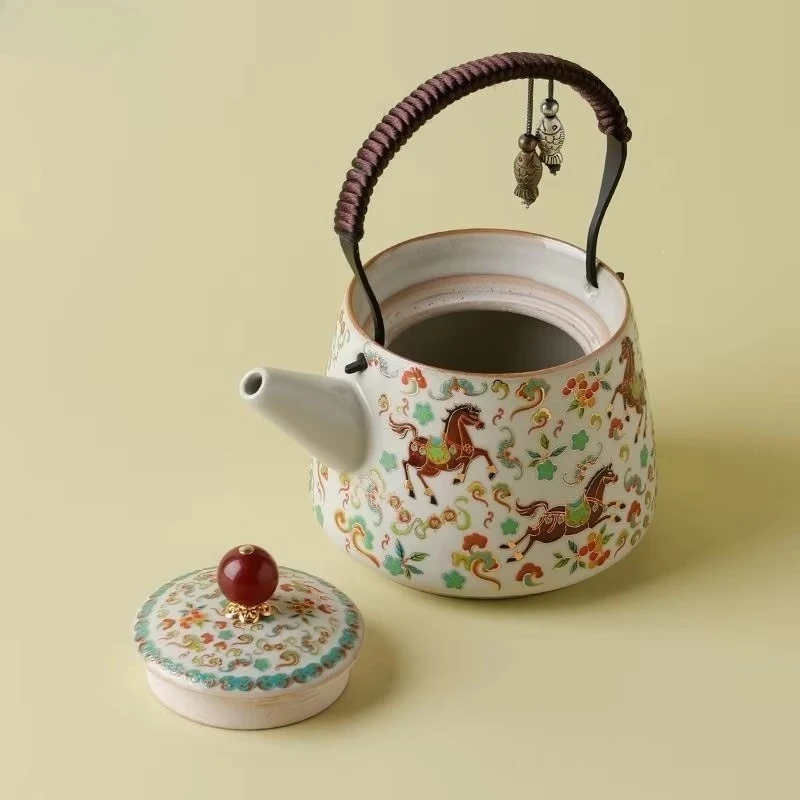Flower Horse Beige Ru Kiln Double Fish Lifting Teapot Tea Cup Crackle Glaze Home Tea Set  Home Decor Gifting Decors