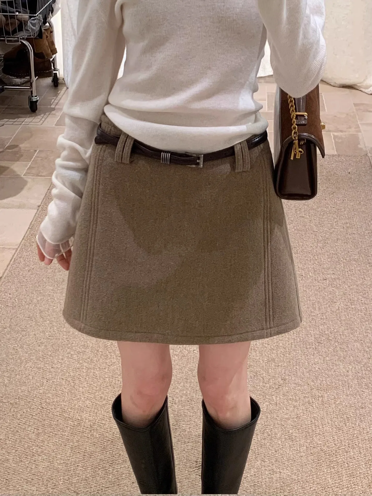 

Корейская юбка Sle Camere с высокой талией, женская юбка трапециевидной формы с поясом, утягивающая бедра, осенне-зимняя мода