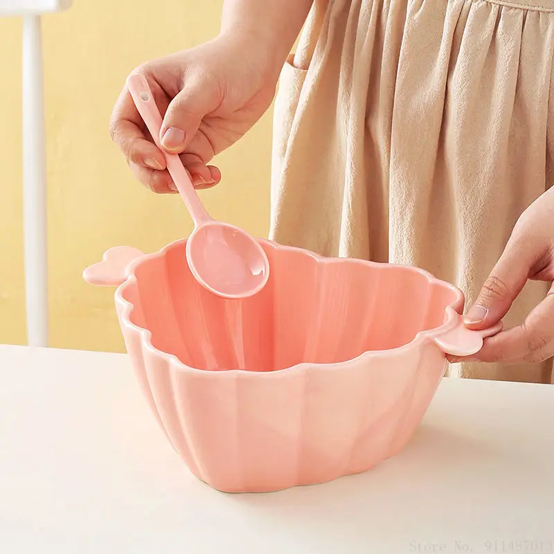 

1pc Creative New Style Ceramic Tableware Household Kitchen Restaurant Supplies Anti Scalding Double Ear Pink Cute Love Soup Bowl