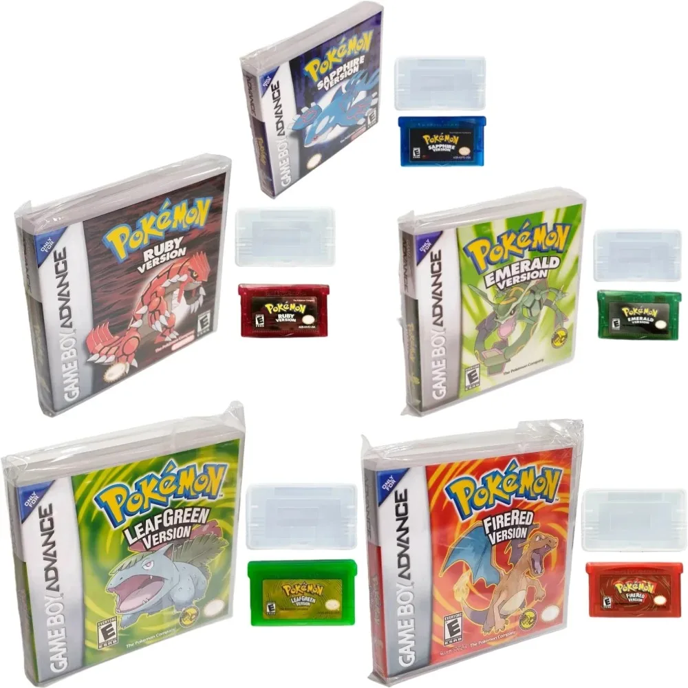 ポケットモンスターシリーズのアメリカ製32ビットビデオゲームカートリッジ、複数の色、5つのバージョン、説明書なしのGBAボックス入りゲーム