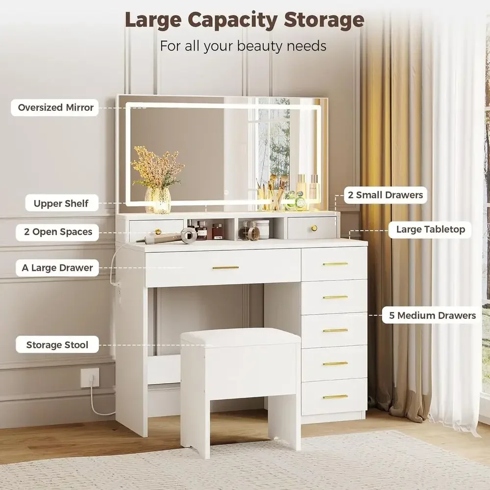 Vanity Makeup Desk with 8 Drawers and Large Mirror, Dressing Table with Light and Storage for Bedroom, Dressing Room, Studio - 3