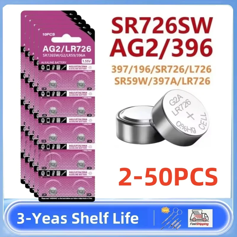 2-50PCS 1.55V AG2 LR726 397 396A SR726 196 SR726SW CX59 LR59 SR59 396 Button Battery For Watch Toys Remote Cell Coin Batteries