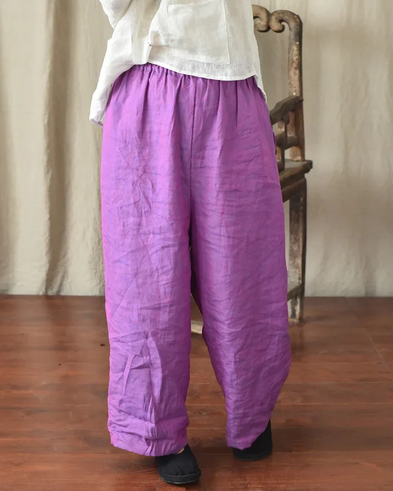 Women's Cotton Linen Pants Elastic Waist Vintage Trousers Lady Loose Casual Harem Pants Plus Size Retro Literary Simple Trousers