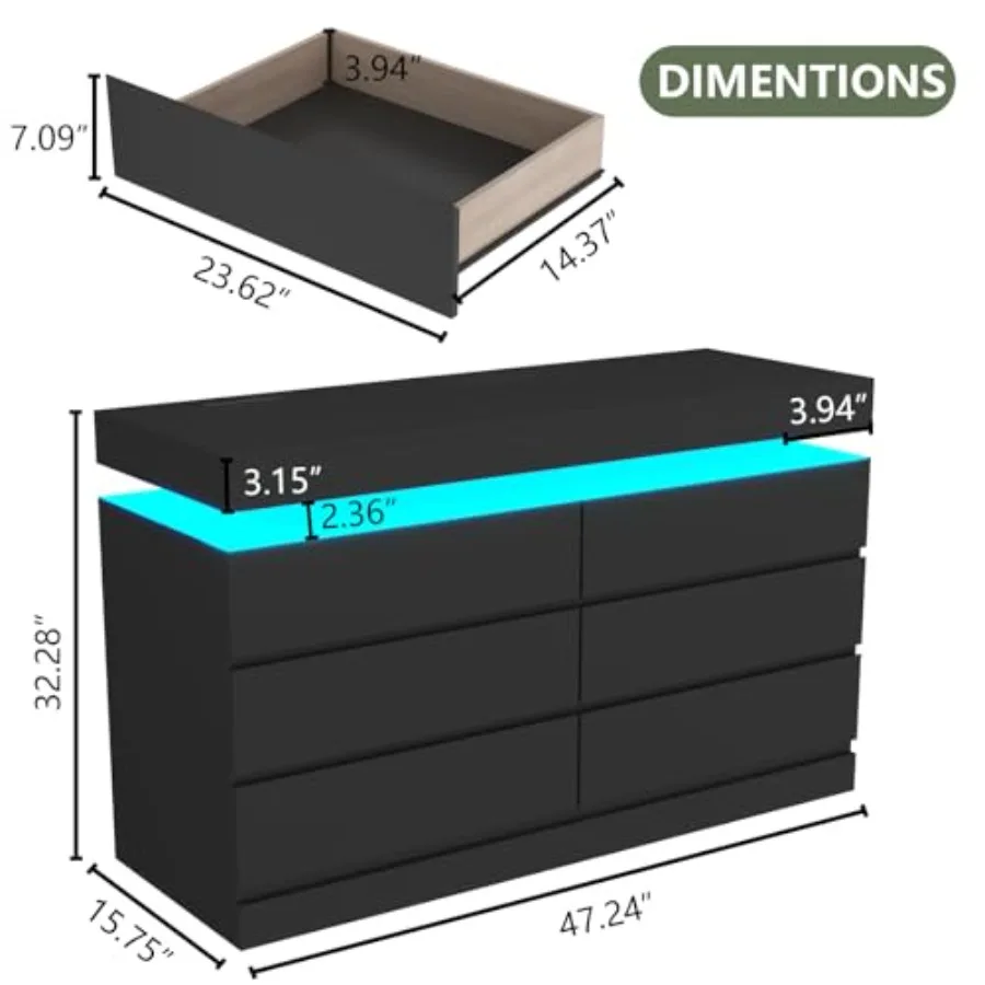 6 Drawer Dresser with Power Outlet and LED Light for Modern Bedroom or Living Room Storage Double Wide Drawer Organizer Cabinet