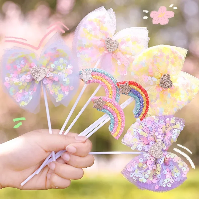 3Pcs/Set Sequin Bow Rainbow Birthday Cake Insert Creative Insert Card Flags for Birthday Party Cake Decorating Tools