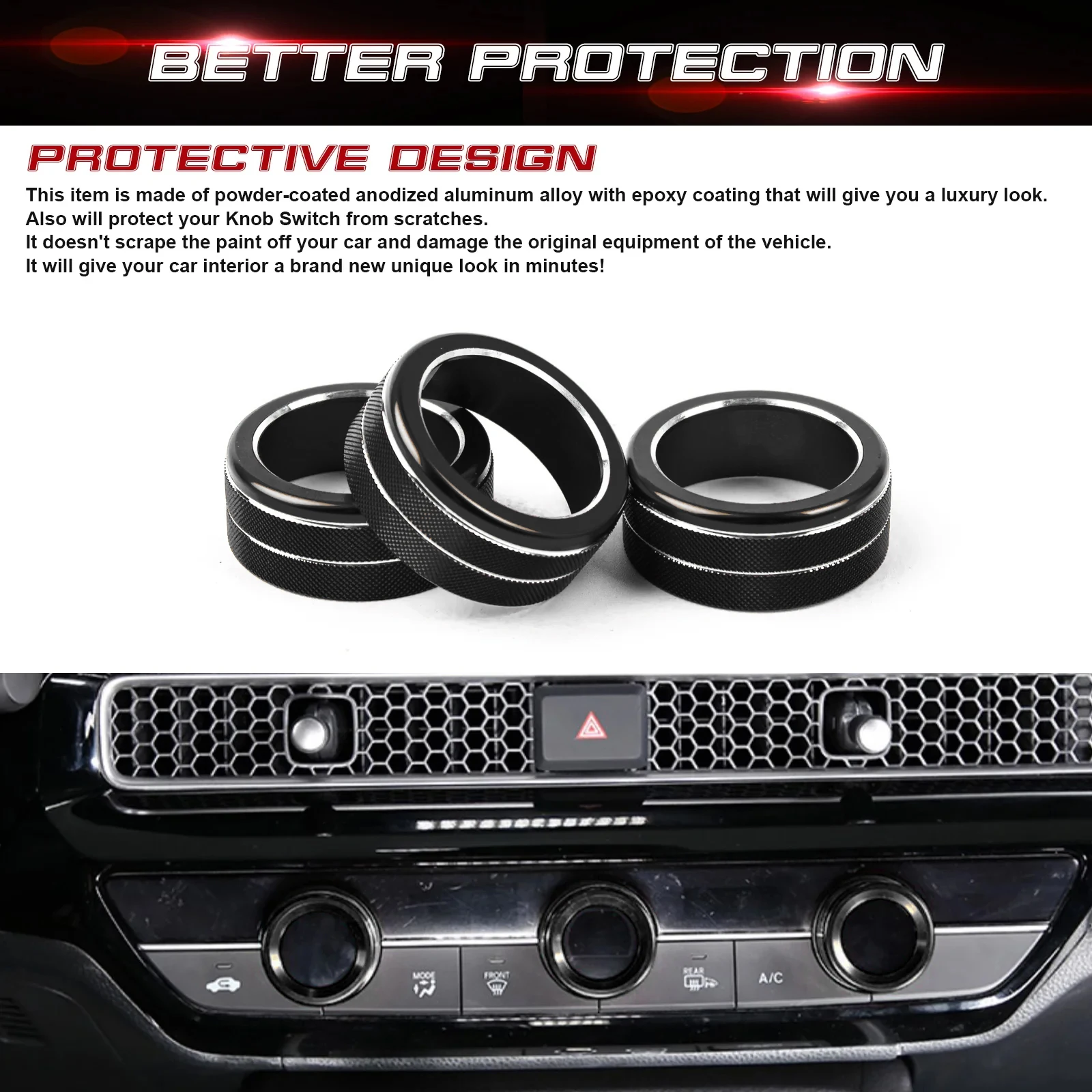 3pcs Black Center Console AC Climate Air Conditioning Button Knob Switch Ring Cover Overlay For Honda Civic 11th Gen 2022 2023