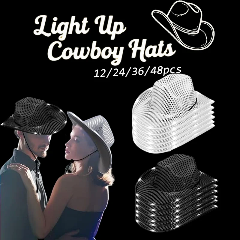 

12/24/36/48pcs Light Up Cowboy Hat Silver Cowboy Hat Light Up Cowboy Hats Bulk Wedding for Dancing Party Led Hat Role Play Props