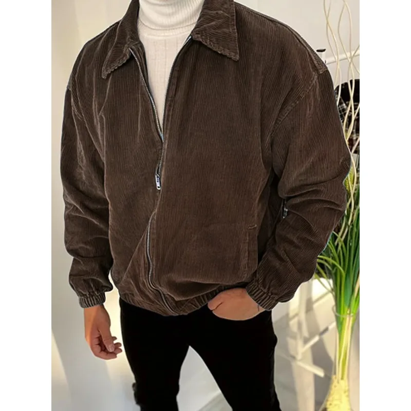 

Large Size Men's Corduroy Jackets Loose Lapels Zipper Tops Casual Fashion Spring Autumn Outerwear for Comfortable Windproof Cuff
