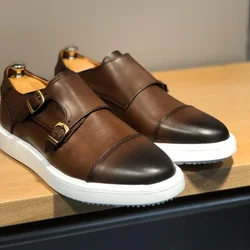 New Brown Men's Vulcanize Shoes Double Buckle Monk Shoes Handmade Casual Shoes for Men with  Size 38-46