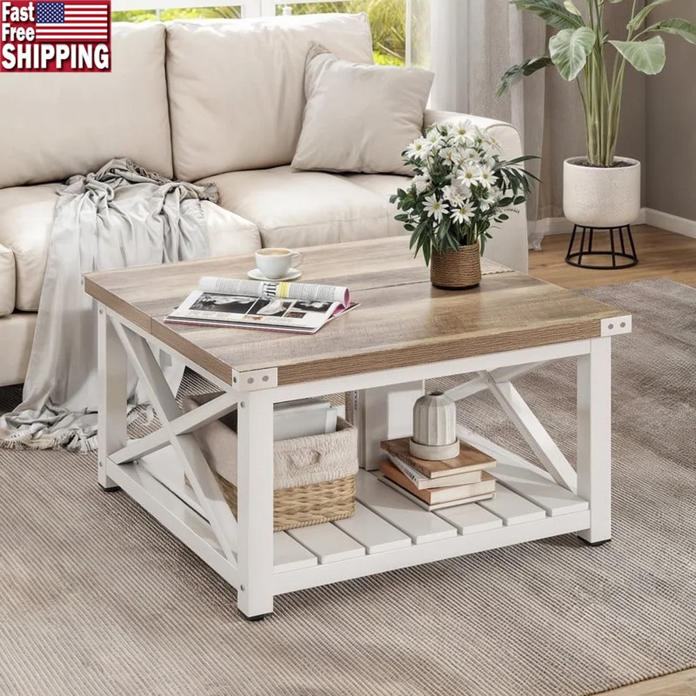Square Wood Coffee Table with Storage Rustic Center Table Living Room Versatile Design Durable MDF Construction Easy Assembly