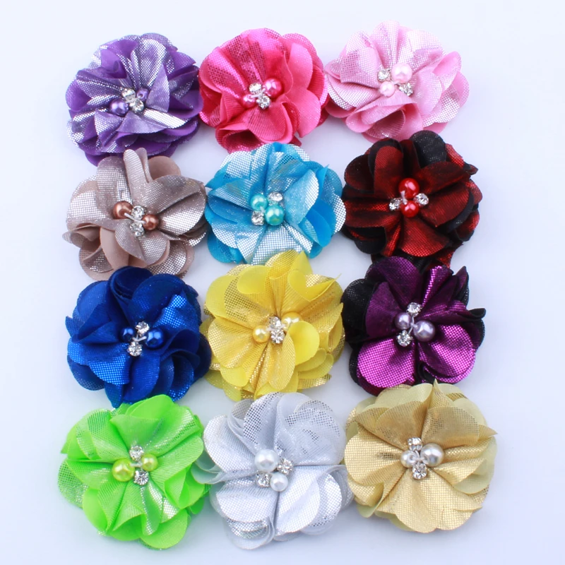 50PCS 5.5CM Fashion Ruffled Metallic Fabric Flowers With Pearls For Hair Clip Lovely Flora Flower For Shoes Apparel Headwear