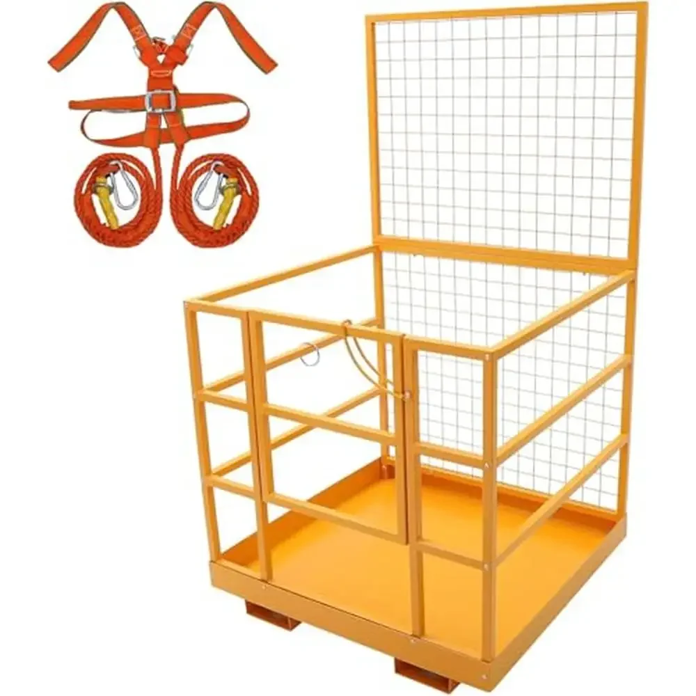 Secure Forklift Work Platform 1400LBS Capacity Heavy Duty Steel 43x45in Cage Man Basket with Safety Harness