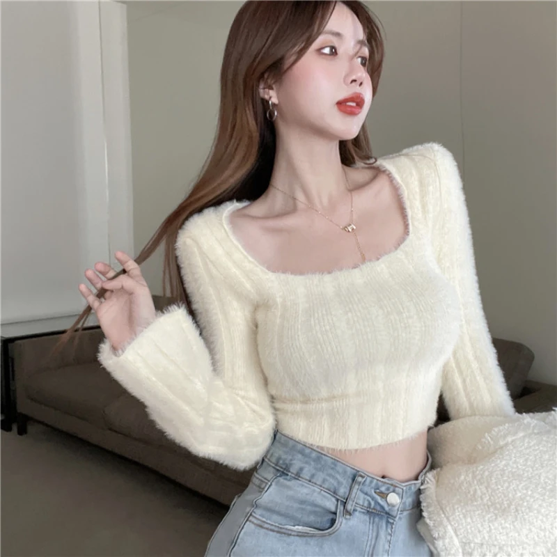 Fluffy Sweaters Women Square Collar Slim Hotsweet Aesthetic Simple Spring Autumn Ladies Stylish Leisure Popular Korean Style