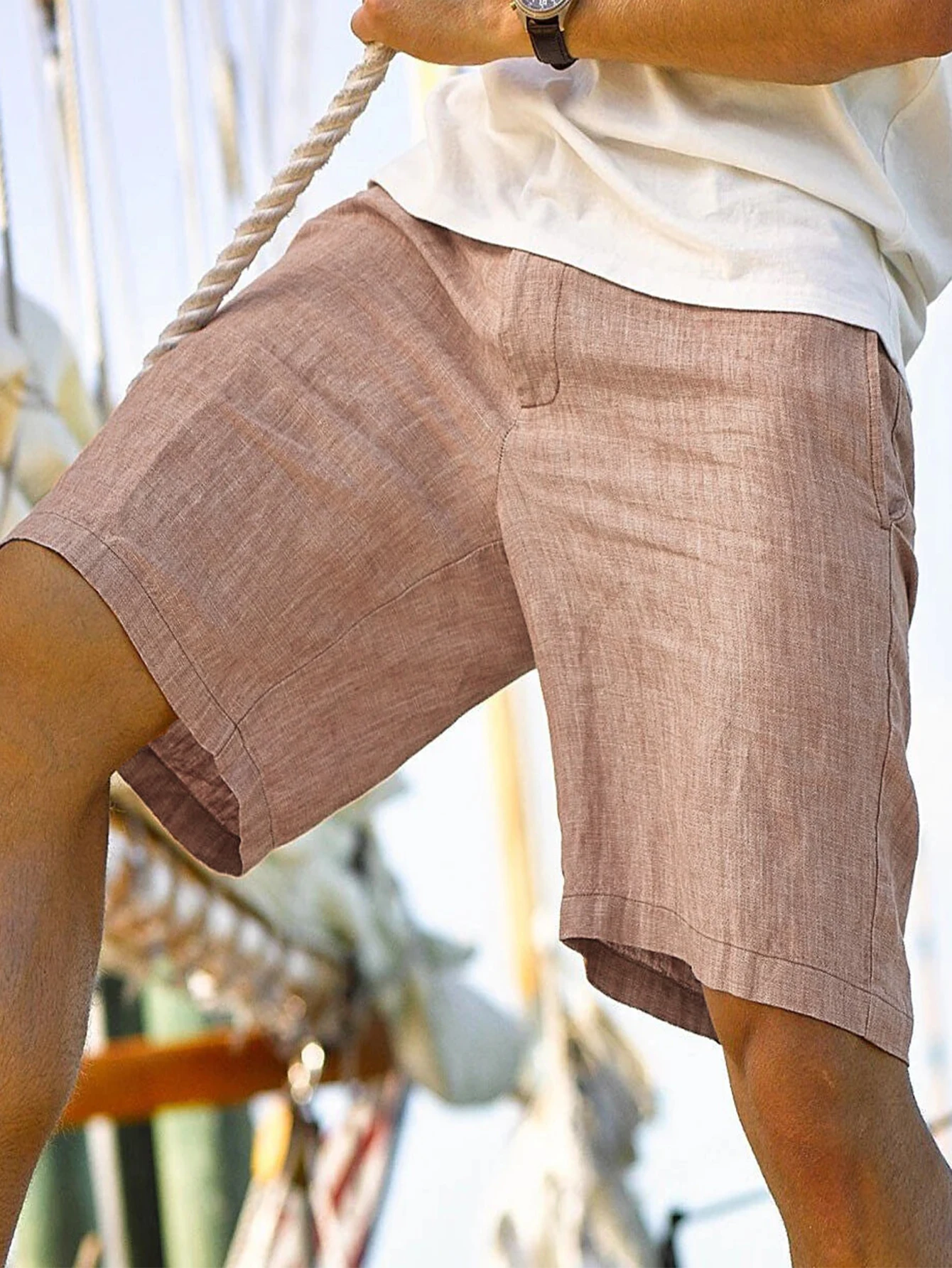 

Summer men's shorts, fashionable slant pockets Bermuda shorts, cotton and linen, button waistband, vintage pure color,