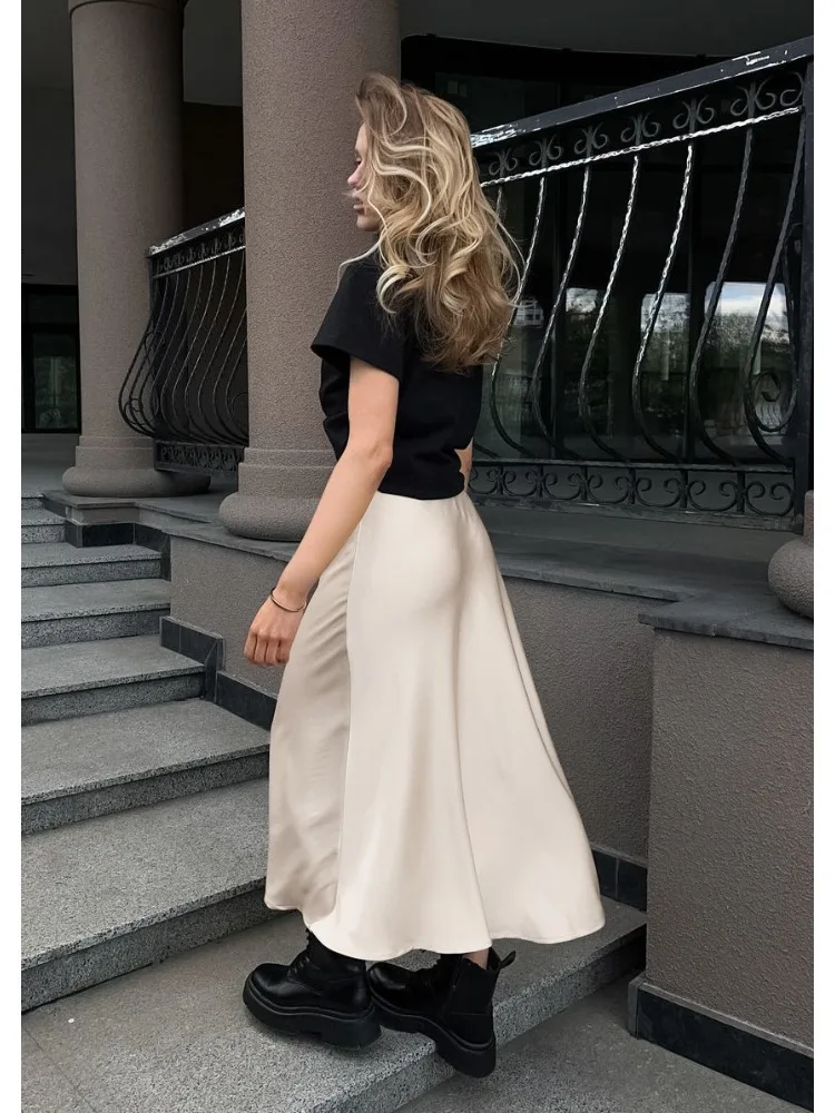 กระโปรงผ้าซาตินเนื้อนุ่มสำหรับผู้หญิง สีพื้น เอวสูง ทรงเอ พลีท ความยาวปานกลาง สไตล์ฝรั่งเศส เหมาะสำหรับใส่ทำงาน