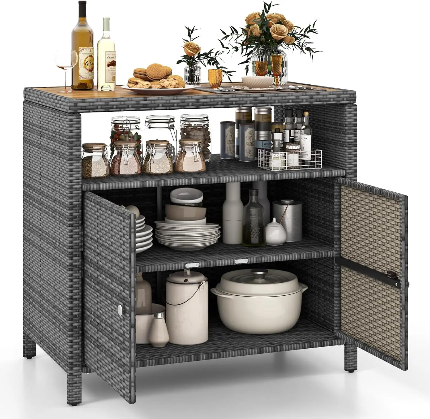 Mixed‑Grey Wicker Outdoor Storage Buffet Cabinet with Acacia Wood Countertop, Open Shelf and 2‑Door Enclosed Storage, Patio Sideboard Organizer for Garden, Poolside and Backyard