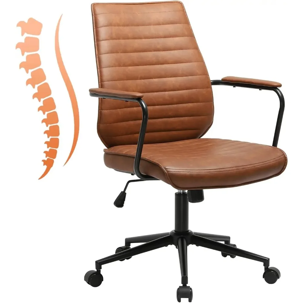 

Brown Leather Office Chair, Ergonomic Mid-Back Executive Conference Task Chair, Ribbed Height Adjustable Swivel Rolling Chair fo