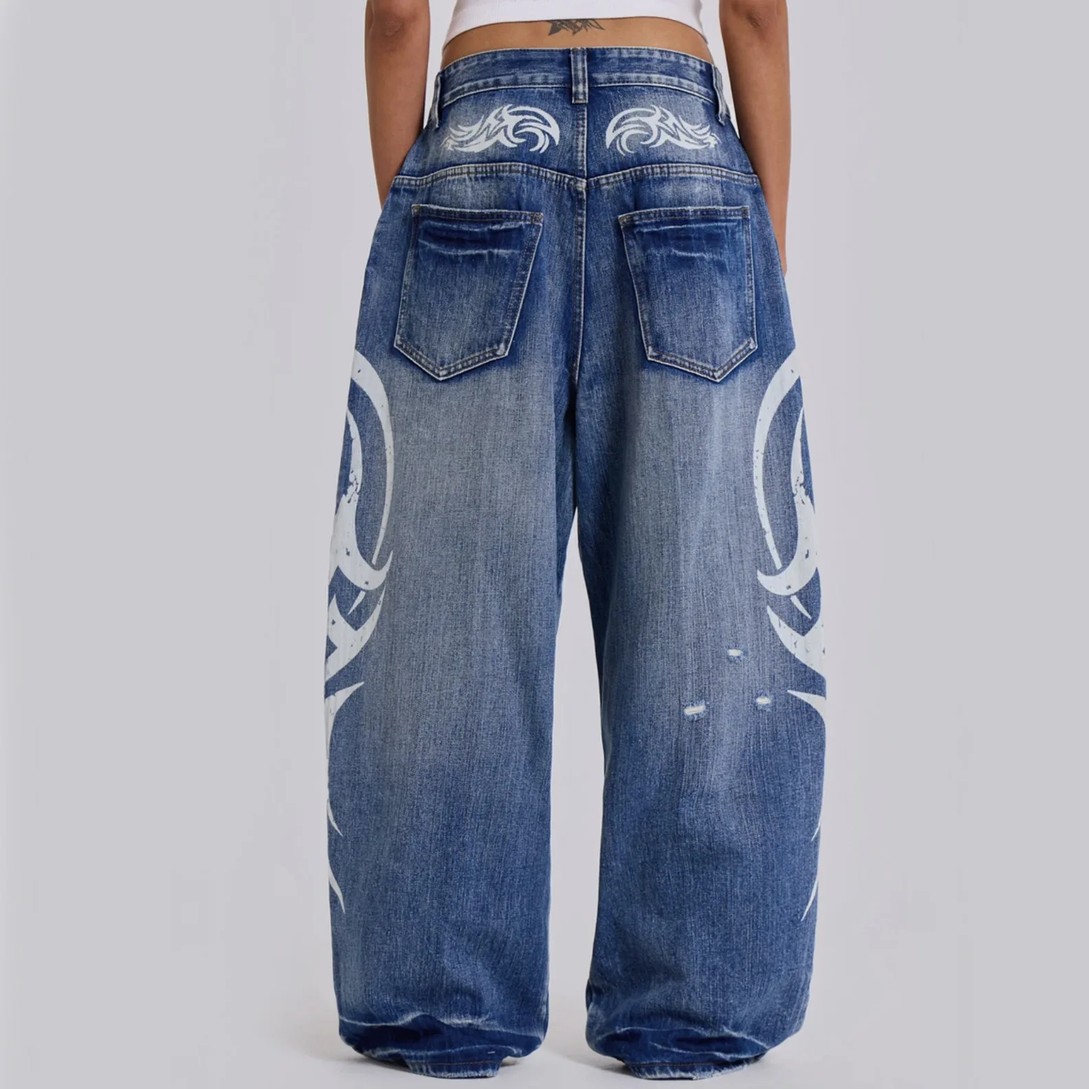 Y2K Punk Style High Street American Retro Totem Print Hot Girl Low Waist Loose Jeans