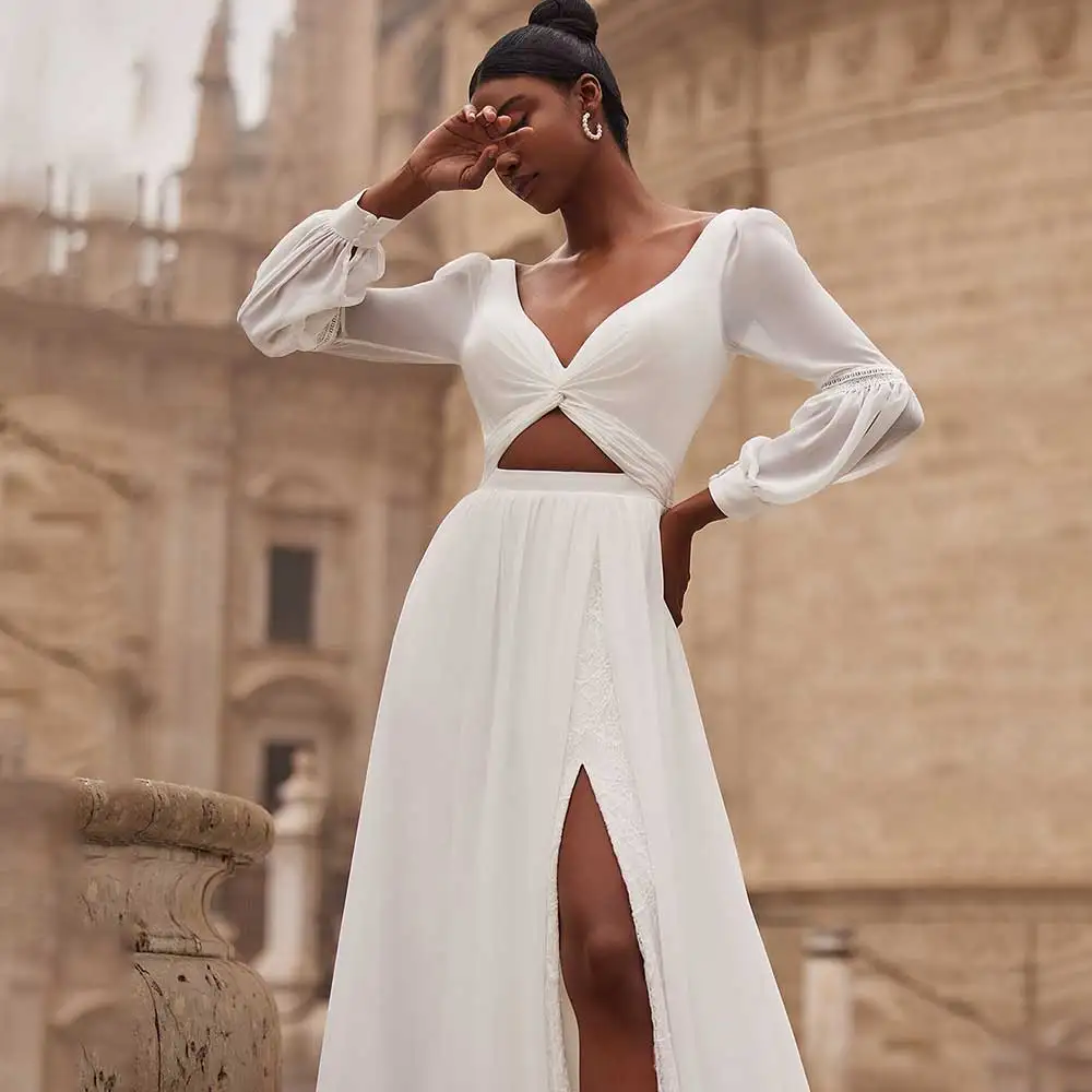 Customized Fashion Floor Length Wedding Dresses A-Line Long Sleeve Pleated Crop Top Backless V-Neck Slit High Quality Chiffon Br