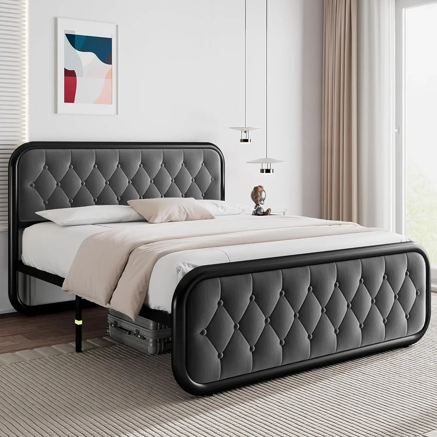 Metal Bed Frame with Button Tufted Headboard, Heavy-Duty Platform Bed Frame, Thicker Metal Steel Slats Support