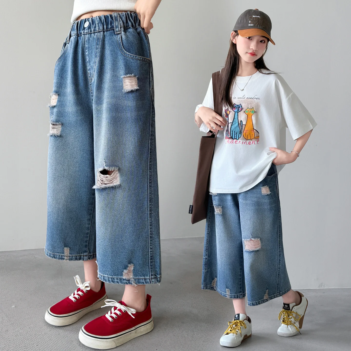 Teens Girls Summer 2Pcs Set Fashion Cat Print Short Sleeve T-shirt + Ripped Denim Capri Pants Kids Loose Casual Daily Wear Suit