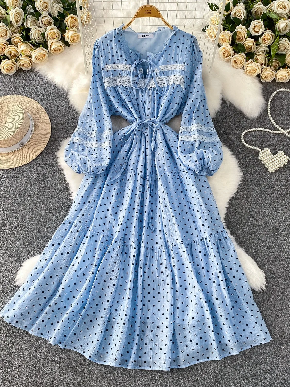 폴카 도트 레이스 긴팔 라운드넥 드레스 여성 가을 벨티드 슬리밍 플리츠 풀 A라인 스커트 출근룩 하이웨이스트