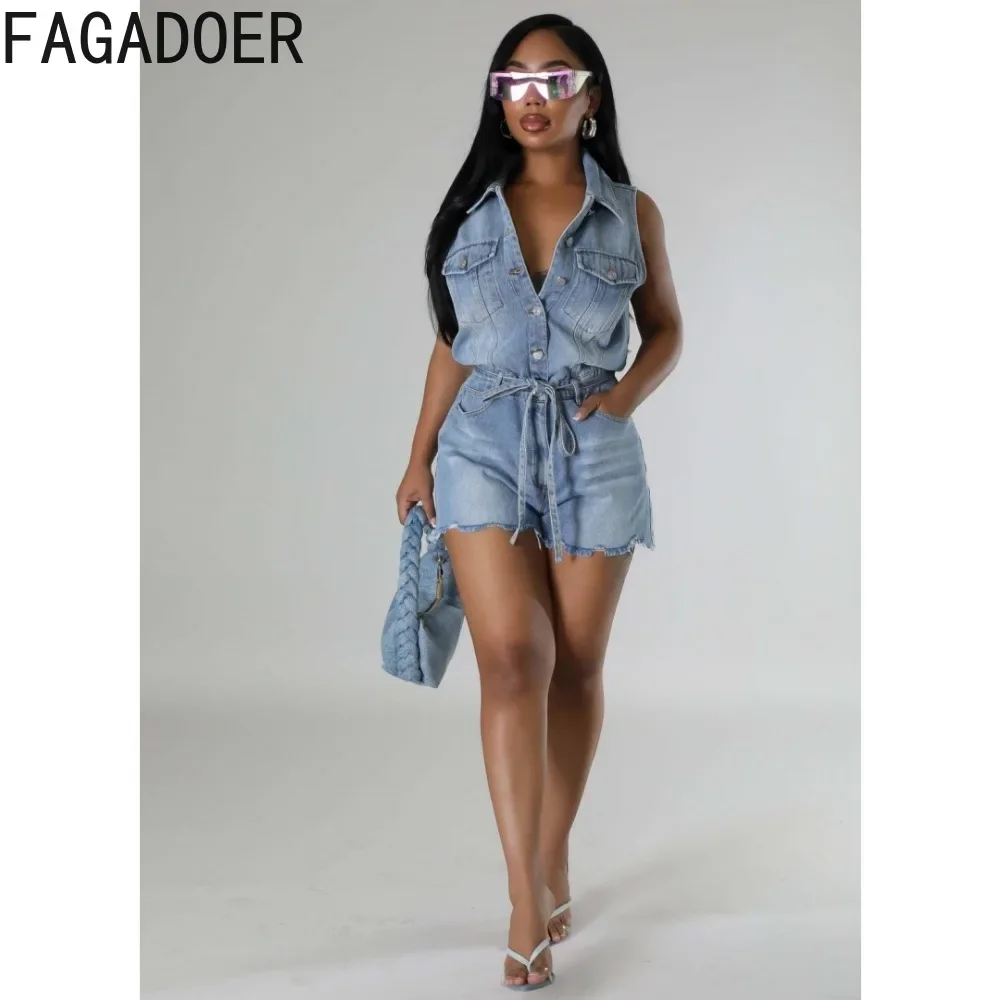 FAGADOER Quality Retro Denim Rompers Women Lapel Buttons Sashes Cargo Pockets Jean Jumpsuit Hot Girl Vintage Streetwear Overalls