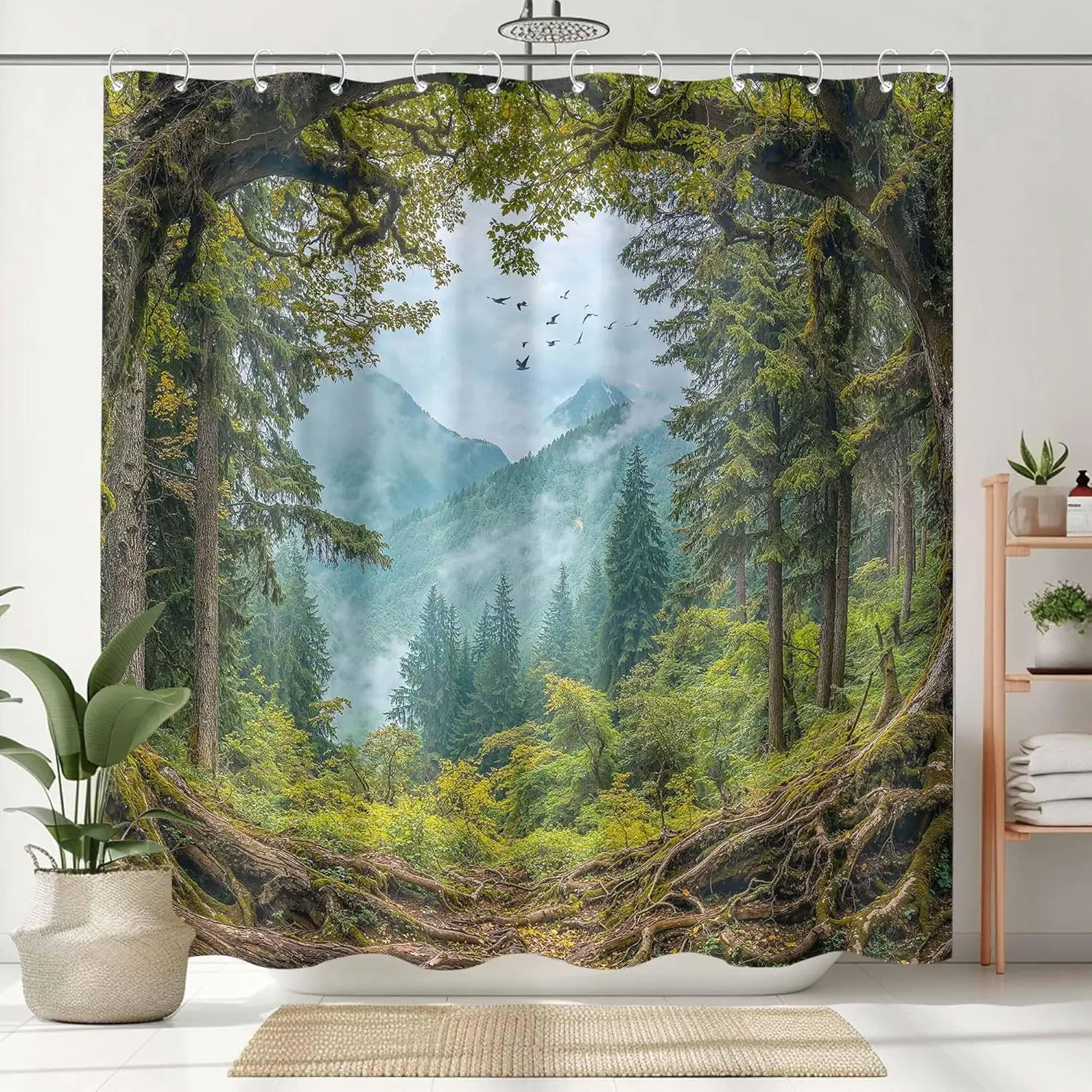 

Misty Forest Shower Curtain Set Tree Archway Mountain View Print Waterproof Bathroom Shower Curtain Serene Nature Scene Home