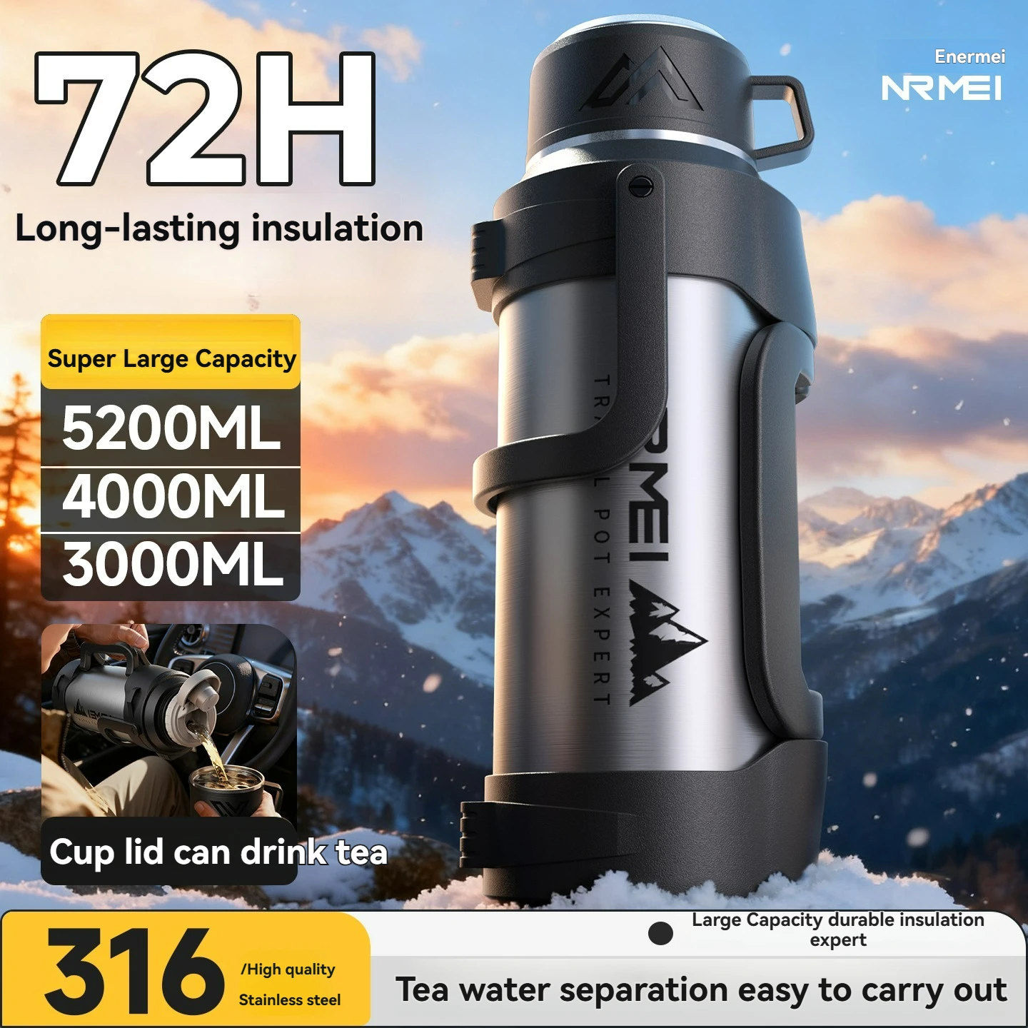 Nrmei Großvolumige Edelstahl-Wasserflasche Isolierte Vakuumflasche für Outdoor-Camping und Abenteuer Wasserkonservierung